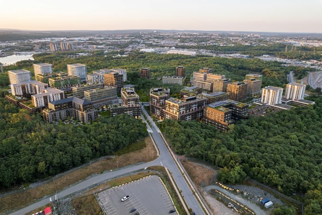 Ocean Breeze Village aerial view of the masterplan with Halifax in the distance